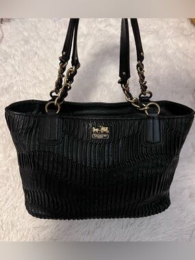COACH Madison Black Pleated Leather Tote with Chain-Strap Handles